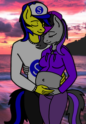 Size: 5805x8379 | Tagged: safe, artist:mrstheartist, oc, oc only, oc x oc, oc:ponyseb 2.0, oc:viola love, equine, fictional species, mammal, pegasus, pony, anthro, friendship is magic, hasbro, my little pony, absurd resolution, anthrofied, base used, beach, belly button, cap, clothes, couple, cute, female, hand on abdomen, hat, hoodie, male, male/female, mare, outie belly button, photo background, pregnant, shipping, snapback, stallion, sunset, topwear, violaseb (oc)