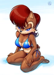 Size: 1089x1519 | Tagged: safe, artist:overlord_jc, princess sally acorn (sonic), chipmunk, mammal, rodent, anthro, plantigrade anthro, archie sonic the hedgehog, sega, sonic the hedgehog (series), abstract background, bedroom eyes, belly button, bikini, blue bikini, blue eyes, blue swimsuit, breasts, brown body, brown fur, cheek fluff, cleavage, clothes, colored pupils, eyelashes, female, fluff, fur, hair, hand on thigh, kneeling, red hair, side-tie bikini, smiling, solo, solo female, swimsuit, tail, tan body, tan fur, thighs, white pupils