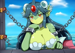 Size: 1027x726 | Tagged: safe, artist:johnny0102, giga mermaid (shantae), fictional species, fish, mammal, mermaid, humanoid, shantae (series), 2016, annoyed, big breasts, blushing, breasts, chains, cleavage, eyebrows, eyelashes, female, fins, green body, green eyes, looking at you, ocean, red eyes, restrained, restrained arms, seashell bra, shackles, solo, solo female, two toned body, water