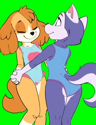 Size: 832x1078 | Tagged: safe, alternate version, artist:diacordst, everest (paw patrol), skye (paw patrol), canine, cockapoo, dog, husky, mammal, nordic sled dog, anthro, nickelodeon, paw patrol, 2019, black nose, clothes, digital art, duo, duo female, ears, eyes closed, female, female/female, females only, fur, hair, happy, shipping, simple background, skeverest (paw patrol), smiling, swimsuit, tail, thighs