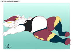 Size: 1260x892 | Tagged: safe, artist:nekocrispy, cinderace, fictional species, mammal, anthro, nintendo, pokémon, 2021, ambiguous gender, belly, commission, digital art, eyes closed, fat, lying down, on back, overweight, smiling, solo, solo ambiguous, starter pokémon