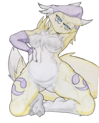 Size: 1280x1600 | Tagged: suggestive, artist:random gloves, fictional species, renamon, anthro, digimon, breasts, featureless crotch, female, solo, solo female, traditional art