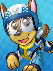 Size: 950x1266 | Tagged: safe, artist:rainbow eevee, chase (paw patrol), canine, dog, german shepherd, mammal, feral, nickelodeon, paw patrol, 2020, bag, black nose, clothes, digital art, ears, fur, helmet, looking at you, male, open mouth, paws, sharp teeth, simple background, solo, solo male, suit, tail, teeth
