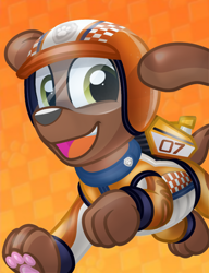 Size: 942x1225 | Tagged: safe, artist:rainbow eevee, zuma (paw patrol), canine, dog, labrador, mammal, feral, nickelodeon, paw patrol, 2020, bag, black nose, clothes, digital art, ears, fur, helmet, looking at you, male, open mouth, paw pads, paws, sharp teeth, simple background, solo, solo male, suit, tail, teeth, underpaw
