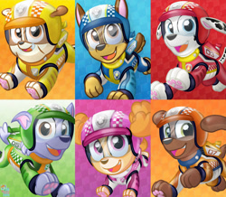 Size: 1280x1117 | Tagged: safe, artist:rainbow eevee, chase (paw patrol), marshall (paw patrol), rocky (paw patrol), rubble (paw patrol), skye (paw patrol), zuma (paw patrol), bulldog, canine, cockapoo, dalmatian, dog, german shepherd, labrador, mammal, mutt, feral, nickelodeon, paw patrol, 2020, bag, black nose, clothes, digital art, ears, female, fur, group, helmet, looking at you, male, open mouth, paw pads, paws, sharp teeth, simple background, spotted body, spotted fur, suit, tail, teeth, underpaw