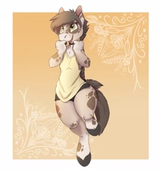 Size: 2500x2650 | Tagged: safe, artist:louart, oc, oc only, equine, horse, mammal, anthro, unguligrade anthro, 2d, abstract background, bottomwear, braid, brown hair, clothes, cute, female, fur, green eyes, hair, high res, hoof fingers, hooves, open mouth, open smile, shirt, short shorts, shorts, smiling, solo, solo female, spotted fur, tan body, tan fur, tank top, topwear