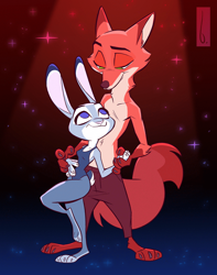 Size: 900x1145 | Tagged: safe, artist:birchly, judy hopps (zootopia), nick wilde (zootopia), canine, fox, lagomorph, mammal, rabbit, anthro, disney, zootopia, 2019, blue eyes, bottomwear, clothes, dancing, female, green eyes, leotard, lidded eyes, male, male/female, pants, partial nudity, shipping, smiling, sparkles, topless, wildehopps (zootopia)