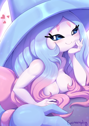 Size: 2480x3508 | Tagged: suggestive, artist:evomanaphy, fictional species, hatterene, humanoid, nintendo, pokémon, 2020, adorasexy, bedroom eyes, blue hair, blushing, breasts, cleavage, cute, eyelashes, female, hair, hand on face, heart, high res, long hair, looking at you, love heart, multicolored hair, pink hair, pinup, pseudo hair, sexy, smiling, smiling at you, solo, solo female, two toned hair, white body