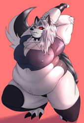 Size: 1363x2000 | Tagged: suggestive, artist:pichurria, loona (vivzmind), canine, fictional species, hellhound, mammal, anthro, digitigrade anthro, hazbin hotel, helluva boss, 2021, clothes, collar, colored sclera, digital art, fat, fat fetish, female, fur, gray body, gray fur, hair, hyper, legwear, morbidly obese, multicolored fur, nipple outline, obese, red sclera, solo, solo female, spiked collar, stretching, white body, white fur, white hair