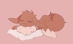 Size: 3851x2334 | Tagged: safe, artist:verfyhi, eevee, eeveelution, fictional species, mammal, feral, nintendo, pokémon, 2021, :3, ambiguous gender, brown body, brown fur, digital art, dipstick tail, eyes closed, fur, high res, multicolored fur, pillow, pink background, simple background, sleeping, smiling, solo, solo ambiguous, tail