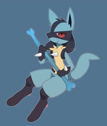Size: 3089x3645 | Tagged: safe, artist:verfyhi, fictional species, lucario, mammal, anthro, digitigrade anthro, nintendo, pokémon, 2021, ambiguous gender, black body, black fur, blue body, blue fur, bone, digital art, fur, high res, looking at you, multicolored fur, red eyes, smiling, smiling at you, solo, solo ambiguous, tail, tan body, tan fur