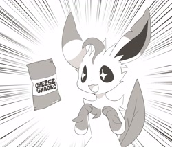 Size: 4000x3428 | Tagged: safe, artist:verfyhi, eeveelution, fictional species, leafeon, mammal, feral, nintendo, pokémon, 2021, bag, digital art, eyes on the prize, fur, grayscale, male, monochrome, multicolored fur, open mouth, smiling, solo, solo male