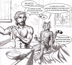Size: 1204x1100 | Tagged: suggestive, artist:0laffson, oc, oc:enorach, oc:lars (0laffson), cheetah, feline, human, mammal, anthro, digitigrade anthro, bed, dialogue, duo, fur, hair, indoors, monochrome, nudity, on bed, open mouth, paws, signature, sitting, speech bubble, spotted fur, standing, sword, tail, talking, traditional art, weapon