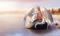 Size: 1800x1082 | Tagged: suggestive, artist:twokinds, nora (twokinds), dragon, fictional species, human, mammal, twokinds, breasts, female, hair, horns, nudity, outdoors, rock, sitting, solo, solo female, tail, water, white hair