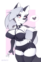 Size: 2624x4000 | Tagged: suggestive, artist:nepentz, loona (vivzmind), canine, fictional species, hellhound, mammal, anthro, hazbin hotel, helluva boss, 2021, big breasts, border, bottomwear, breasts, clothes, collar, crop top, ear piercing, earring, female, gloves, hand on hip, handwear, legwear, looking at you, nipple outline, piercing, red eyes, short shorts, shorts, solo, solo female, spiked collar, spikes, stockings, topwear, white border