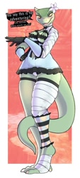 Size: 527x1166 | Tagged: suggestive, artist:cokesero_art, deeja (skyrim), argonian, fictional species, lizard, reptile, anthro, the elder scrolls, the elder scrolls v: skyrim, 2020, areola, areola slip, bandage, bethesda softworks, blushing, breasts, claws, clothes, cosplay, dress, female, flower, horn, horns, open mouth, plant, scales, solo, solo female, tail, text, tongue, underwear
