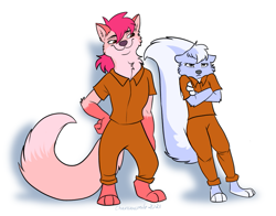 Size: 865x679 | Tagged: safe, artist:paintedmakos, oc, oc only, oc:fiona fetch, oc:sally strong, canine, fox, mammal, skunk, anthro, plantigrade anthro, ambiguous gender, clothes, duo, duo ambiguous, frustrated, prison outfit, simple background, smirk, tail, white background
