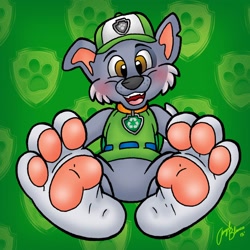 Size: 1280x1280 | Tagged: safe, artist:blackthornpubl, part of a set, rocky (paw patrol), dog, mammal, mutt, anthro, feral, plantigrade anthro, nickelodeon, paw patrol, 2016, barefoot, black nose, blushing, clothes, collar, commission, digital art, ears, feet, fetish, foot fetish, foot focus, fur, hat, looking at you, male, open mouth, paw pads, paws, sharp teeth, simple background, soles, solo, solo male, tail, teeth, toes, tongue, topwear, underpaw, vest