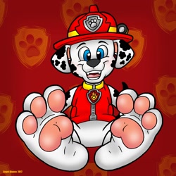 Size: 1280x1280 | Tagged: safe, artist:blackthornpubl, part of a set, marshall (paw patrol), canine, dalmatian, dog, mammal, anthro, feral, plantigrade anthro, nickelodeon, paw patrol, 2016, barefoot, black nose, blushing, clothes, collar, commission, digital art, feet, fetish, foot fetish, foot focus, fur, helmet, looking at you, male, open mouth, paw pads, paws, sharp teeth, simple background, soles, solo, solo male, spotted body, spotted fur, tail, teeth, toes, tongue, topwear, underpaw, vest