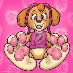 Size: 1280x1280 | Tagged: safe, artist:blackthornpubl, part of a set, skye (paw patrol), canine, cockapoo, dog, mammal, anthro, feral, plantigrade anthro, nickelodeon, paw patrol, 2016, barefoot, black nose, blushing, clothes, collar, commission, digital art, feet, female, fetish, foot fetish, foot focus, fur, goggles, looking at you, open mouth, paw pads, paws, sharp teeth, simple background, smiling, soles, solo, solo female, tail, teeth, toes, tongue, topwear, underpaw, vest