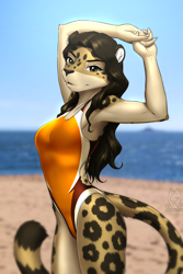 Size: 1900x2850 | Tagged: safe, artist:mykegreywolf, big cat, feline, jaguar, mammal, anthro, arms above head, beach, bicolor swimsuit, black hair, blurred background, breasts, brown body, brown eyes, brown fur, clothes, countershading, detailed background, ear fluff, elbow fluff, eyebrows, eyelashes, female, fluff, fur, hair, long hair, looking at you, ocean, one-piece swimsuit, outdoors, pale belly, side view, solo, solo female, sport swimsuit, spots, spotted fur, spotted tail, swimsuit, tail, tail fluff, water
