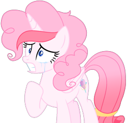 Size: 1133x1100 | Tagged: safe, artist:muhammad yunus, oc, oc only, oc:strawberries, alicorn, equine, fictional species, mammal, pony, feral, friendship is magic, hasbro, my little pony, base used, blue eyes, crying, female, gritted teeth, hair, mare, pink body, pink hair, red hair, simple background, solo, solo female, teeth, transparent background, wide eyes