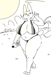 Size: 527x785 | Tagged: safe, artist:onetiredbear, lagomorph, mammal, rabbit, anthro, :3, beach, beach towel, beach umbrella, belly button, bikini, breasts, clothes, eyes closed, female, fur, gray body, gray fur, holding object, huge breasts, mature, mature female, outdoors, sand, slightly chubby, smiling, solo, solo female, sun, sunscreen, swimsuit, tail, towel, umbrella, waving