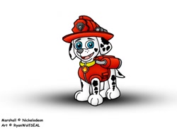 Size: 1280x931 | Tagged: safe, artist:perreault, part of a set, marshall (paw patrol), canine, dalmatian, dog, mammal, feral, nickelodeon, paw patrol, 2020, bag, black nose, clothes, collar, digital art, fur, helmet, looking at you, male, simple background, solo, solo male, spotted body, spotted fur, tail, topwear, vest, white background