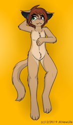 Size: 747x1280 | Tagged: safe, artist:jknewlife, oc, oc:mike (jknewlife), canine, dog, mammal, anthro, brown body, brown fur, brown hair, chest marking, complete nudity, featureless chest, featureless crotch, fur, hair, hand on chest, hand on head, nudity, pinup