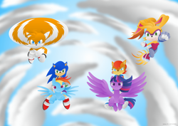 Size: 2912x2059 | Tagged: safe, artist:lavenderrain24, bunnie rabbot (sonic), miles "tails" prower (sonic), princess sally acorn (sonic), rainbow dash (mlp), sonic the hedgehog (sonic), twilight sparkle (mlp), alicorn, canine, chipmunk, equine, fictional species, fox, hedgehog, lagomorph, mammal, pegasus, pony, rabbit, red fox, rodent, anthro, feral, plantigrade anthro, archie sonic the hedgehog, friendship is magic, hasbro, my little pony, sega, sonic the hedgehog (series), 2018, crossover, female, high res, male, multiple tails, quills, tail, two tails