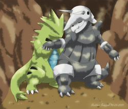 Size: 2650x2263 | Tagged: safe, artist:leedom111, aggron, fictional species, tyranitar, feral, nintendo, pokémon, 2009, cave, claws, cute, dancing, duo, eyes closed, female, gray body, green body, high res, holding hand, husband, husband and wife, male, male/female, reflection, rock, romantic, wife