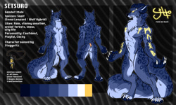 Size: 1280x768 | Tagged: safe, alternate version, artist:wolfbane.w, oc, oc only, oc:setsuro (stuggottzz), big cat, canine, demon, feline, fictional species, hybrid, mammal, snow leopard, wolf, anthro, digitigrade anthro, 2020, abstract background, accessories, alternate design, big tail, blue body, blue fur, butt, character name, claws, color palette, digital art, duality, english text, featureless crotch, fluff, front view, fur, glowing, glowing eyes, horns, male, paws, pendant, pubic fluff, rear view, reference sheet, runes, solo, solo male, spotted fur, tail, tail fluff