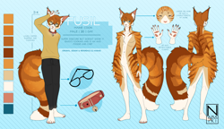 Size: 1280x738 | Tagged: safe, artist:nabaiki, oc, oc only, oc:fusil, cat, feline, maine coon, mammal, anthro, plantigrade anthro, 2020, abstract background, accessories, barefoot, bell, big tail, blue eyes, bottomwear, brown hair, butt, butt fluff, character name, cheek fluff, clothes, collar, color palette, digital art, ear fluff, ear tuft, english text, eyes closed, featureless crotch, fluff, fur, glasses, hair, hand above head, looking at you, male, pants, paw pads, paws, pink nose, rear view, reference sheet, shoulder fluff, smiling, solo, solo male, standing, striped fur, tail, tan body, tan fur, white body, white fur