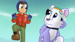 Size: 1280x720 | Tagged: safe, artist:rainbow eevee, everest (paw patrol), jake (paw patrol), canine, dog, human, husky, mammal, nordic sled dog, feral, nickelodeon, paw patrol, 2020, beanie, clothes, collar, digital art, duo, ears, eyelashes, female, fur, hat, looking at each other, male, sky, tail
