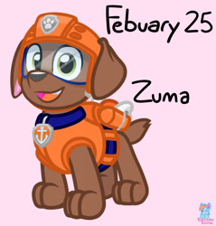 Size: 1224x1280 | Tagged: safe, artist:rainbow eevee, zuma (paw patrol), canine, dog, labrador, mammal, feral, nickelodeon, paw patrol, bag, clothes, collar, digital art, ears, fur, goggles, helmet, looking at you, male, open mouth, simple background, solo, solo male, tail, text, tongue, topwear, vest, white background