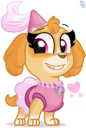 Size: 866x1280 | Tagged: safe, artist:rainbow eevee, skye (paw patrol), canine, cockapoo, dog, mammal, feral, nickelodeon, paw patrol, 2020, bottomwear, clothes, collar, digital art, dress, ears, eyelashes, female, fur, hat, simple background, skirt, smiling, solo, solo female, tail, white background