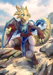 Size: 2896x4096 | Tagged: safe, artist:_plive, fictional species, kobold, reptile, anthro, armor, beach, male, shield, solo, solo male