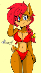 Size: 1304x2302 | Tagged: dead source, safe, artist:silverarasaka07, princess sally acorn (sonic), chipmunk, mammal, rodent, anthro, archie sonic the hedgehog, sega, sonic the hedgehog (series), 2017, belly button, big breasts, bikini, blue eyes, bow, braid, breasts, brown body, cleavage, clothes, cute, female, hair, looking at you, red bikini, red hair, red swimsuit, signature, simple background, solo, solo female, swimsuit, tail, yellow background