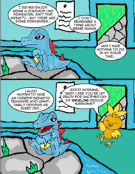 Size: 700x900 | Tagged: safe, artist:ah-darnit, bird, fictional species, torchic, totodile, nintendo, pokémon, pokémon mystery dungeon, 2006, ambiguous gender, angst, angsty, annoyed, bored, comic, dialogue, eager, enthusiastic, gloomy, house, indoors, moody, pokémon mystery dungeon: rescue team, rescue team base, sad, starter pokémon, talking, text, tired, unamused