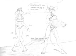 Size: 917x676 | Tagged: safe, artist:baron engel, oc, oc only, mammal, mouse, rodent, anthro, plantigrade anthro, big breasts, bikini, breasts, cleavage, clothes, dialogue, duo, duo female, female, females only, frowning, goggles, lidded eyes, sandals, seashell, shoes, sketch, swimsuit, talking, traditional art, wet