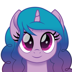 Size: 900x900 | Tagged: safe, artist:cloudyglow, izzy moonbow (mlp), equine, fictional species, mammal, pony, unicorn, feral, hasbro, my little pony, my little pony g5, spoiler, spoiler:my little pony g5, 2021, bust, cute, female, generation leap, gradient mane, horn, horn pattern, looking at you, mare, simple background, smiling, solo, solo female, speculation, white background