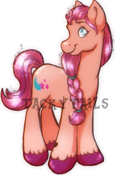 Size: 552x836 | Tagged: safe, artist:tackytails, sunny starscout (mlp), earth pony, equine, fictional species, mammal, pony, feral, hasbro, my little pony, my little pony g5, spoiler, spoiler:my little pony g5, 2021, braid, coat markings, female, hair, hooves, mare, simple background, smiling, socks (leg marking), solo, solo female, speculation, tail, transparent background, unshorn fetlocks