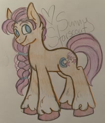 Size: 1744x2048 | Tagged: safe, artist:scarfsketch, sunny starscout (mlp), earth pony, equine, fictional species, mammal, pony, feral, hasbro, my little pony, my little pony g5, spoiler, spoiler:my little pony g5, 2021, braid, coat markings, cutie mark, female, hair, hooves, mare, signature, simple background, smiling, socks (leg marking), solo, solo female, speculation, tail, traditional art, unshorn fetlocks, white background