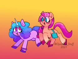 Size: 1003x760 | Tagged: safe, artist:opossum_stuff, izzy moonbow (mlp), sunny starscout (mlp), earth pony, equine, fictional species, mammal, pony, unicorn, feral, hasbro, my little pony, my little pony g5, spoiler, spoiler:my little pony g5, 2021, bag, blushing, bracelet, braid, coat markings, duo, duo female, female, females only, gradient mane, gradient tail, hair, hooves, horn, horn pattern, jewelry, mare, signature, smiling, socks (leg marking), speculation, tail, unshorn fetlocks