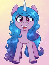 Size: 3000x4000 | Tagged: safe, artist:annakitsun3, izzy moonbow (mlp), equine, fictional species, mammal, pony, unicorn, feral, hasbro, my little pony, my little pony g5, spoiler, spoiler:my little pony g5, 2021, bracelet, cute, female, gradient mane, gradient tail, happy, high res, hooves, horn, horn pattern, jewelry, looking at you, mare, simple background, solo, solo female, speculation, tail, unshorn fetlocks