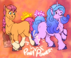 Size: 1784x1439 | Tagged: safe, artist:thefabulouskas, izzy moonbow (mlp), sunny starscout (mlp), earth pony, equine, fictional species, mammal, pony, unicorn, feral, hasbro, my little pony, my little pony g5, spoiler, spoiler:my little pony g5, 2021, blank flank, braid, chest fluff, coat markings, duo, duo female, female, females only, fluff, gradient mane, gradient tail, hair, happy, hooves, horn, horn pattern, mare, socks (leg marking), speculation, tail, unshorn fetlocks