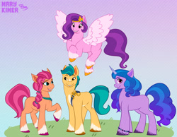 Size: 3000x2333 | Tagged: safe, artist:marykimer, hitch trailblazer (mlp), izzy moonbow (mlp), pipp petals (mlp), sunny starscout (mlp), earth pony, equine, fictional species, mammal, pegasus, pony, unicorn, feral, hasbro, my little pony, my little pony g5, spoiler, spoiler:my little pony g5, 2021, blank flank, bracelet, coat markings, feathered wings, feathers, female, flying, gradient mane, gradient tail, grass, high res, hooves, horn, horn pattern, jewelry, male, mare, quartet, raised hoof, socks (leg marking), speculation, spread wings, stallion, tail, unshorn fetlocks, white wings, wings