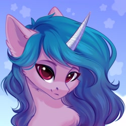 Size: 2048x2048 | Tagged: safe, artist:alphadesu, izzy moonbow (mlp), equine, fictional species, mammal, pony, unicorn, feral, hasbro, my little pony, my little pony g5, spoiler, spoiler:my little pony g5, 2021, bust, chest fluff, ear fluff, female, fluff, gradient mane, high res, horn, horn pattern, mare, simple background, smiling, solo, solo female, speculation