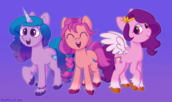 Size: 1280x756 | Tagged: safe, artist:halfrobin, izzy moonbow (mlp), pipp petals (mlp), sunny starscout (mlp), earth pony, equine, fictional species, mammal, pegasus, pony, unicorn, feral, hasbro, my little pony, my little pony g5, spoiler, spoiler:my little pony g5, 2021, bracelet, braid, circlet, coat markings, cute, cutie mark, eyes closed, female, females only, gradient mane, gradient tail, hair, happy, hooves, horn, horn pattern, jewelry, mare, simple background, socks (leg marking), speculation, spread wings, tail, trio, trio female, unshorn fetlocks, white wings, wings