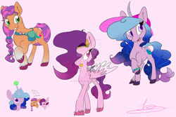 Size: 1280x854 | Tagged: safe, artist:jynsherlock, izzy moonbow (mlp), pipp petals (mlp), sunny starscout (mlp), earth pony, equine, fictional species, mammal, pegasus, pony, unicorn, feral, hasbro, my little pony, my little pony g5, spoiler, spoiler:my little pony g5, 2021, bag, blep, bracelet, circlet, cutie mark, feathered wings, feathers, female, females only, folded wings, gradient mane, gradient tail, hooves, horn, horn pattern, jewelry, mare, simple background, smiling, speculation, tail, tongue, tongue out, trio, trio female, unshorn fetlocks, white wings, wings